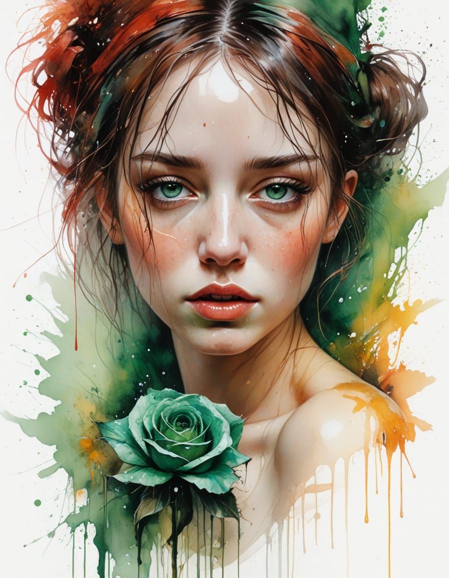 Ethereal Melancholy Portrait in Dripping Watercolor Style