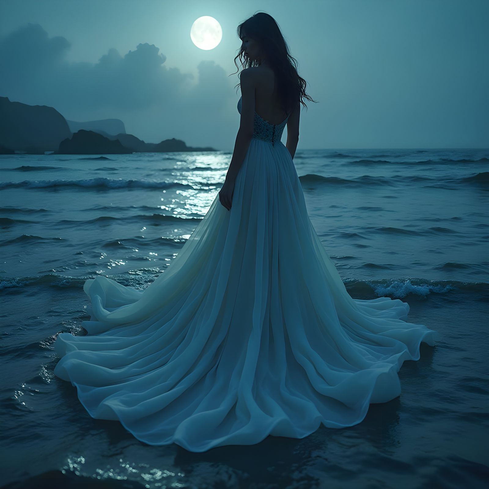 Surreal Woman Blends with Ocean Tides Under Celestial Moonli...