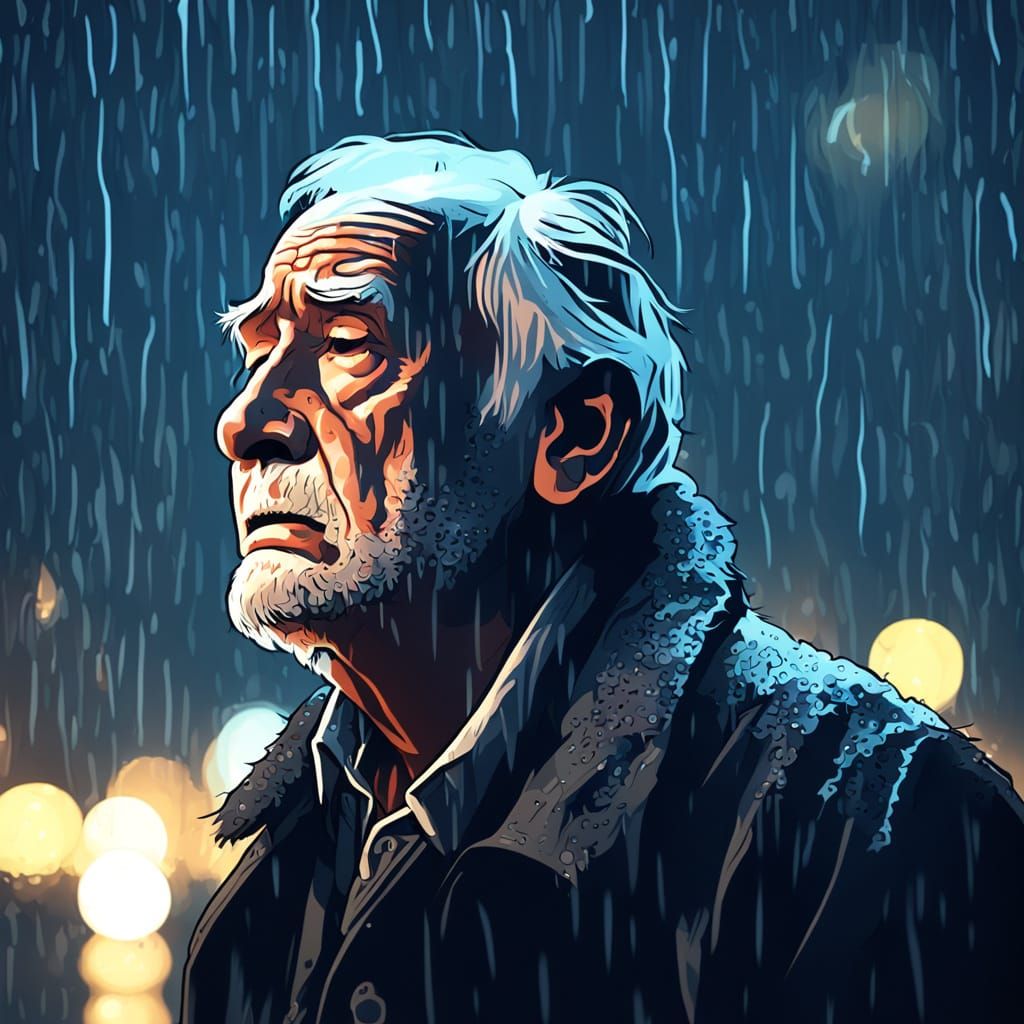 Sad Old Man Gazes Up on Rainy Noctilucent Night
