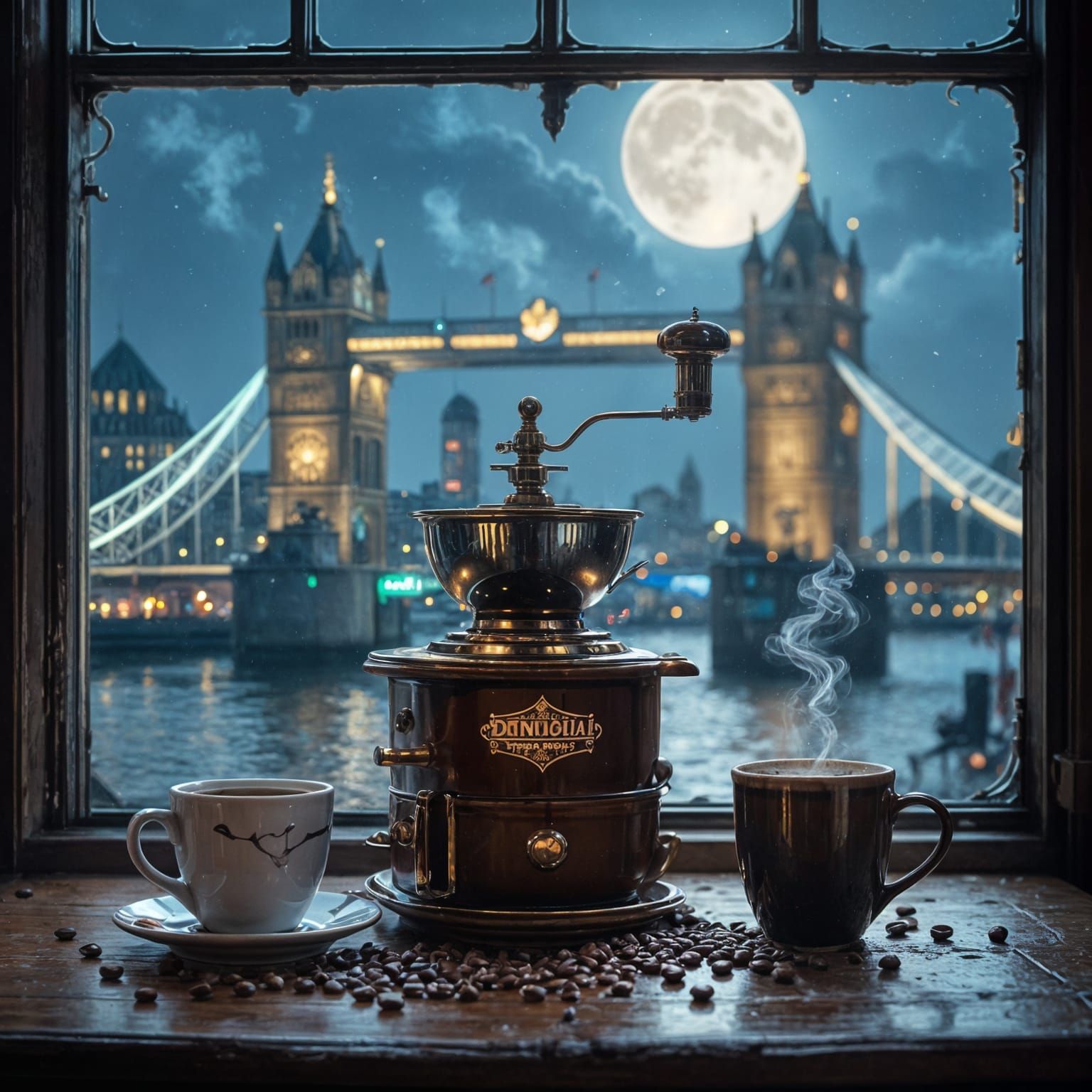 Steampunk Coffee Scene with London Bridge