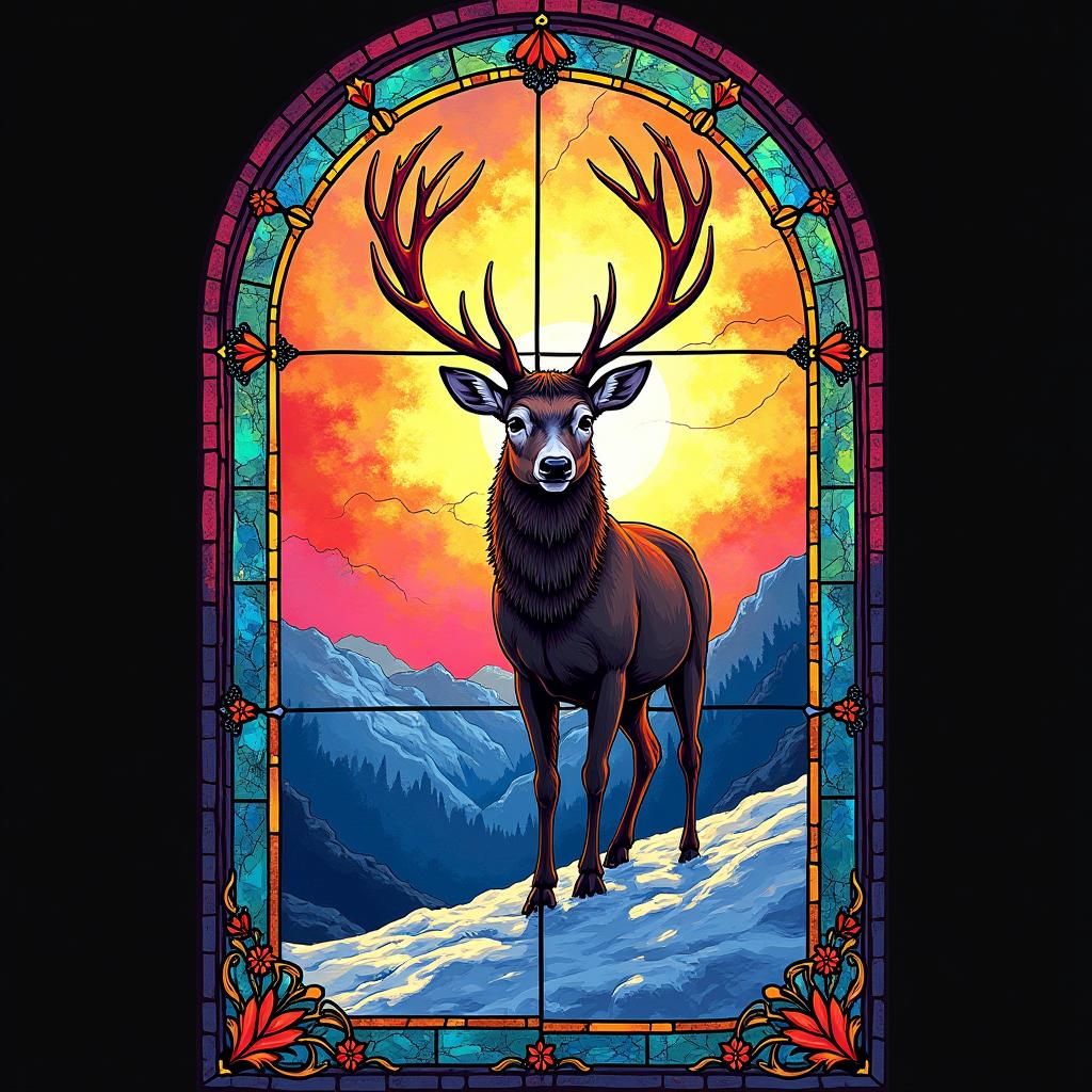 Stained Glass Stag on Snowy Hill in Graffiti Art Style