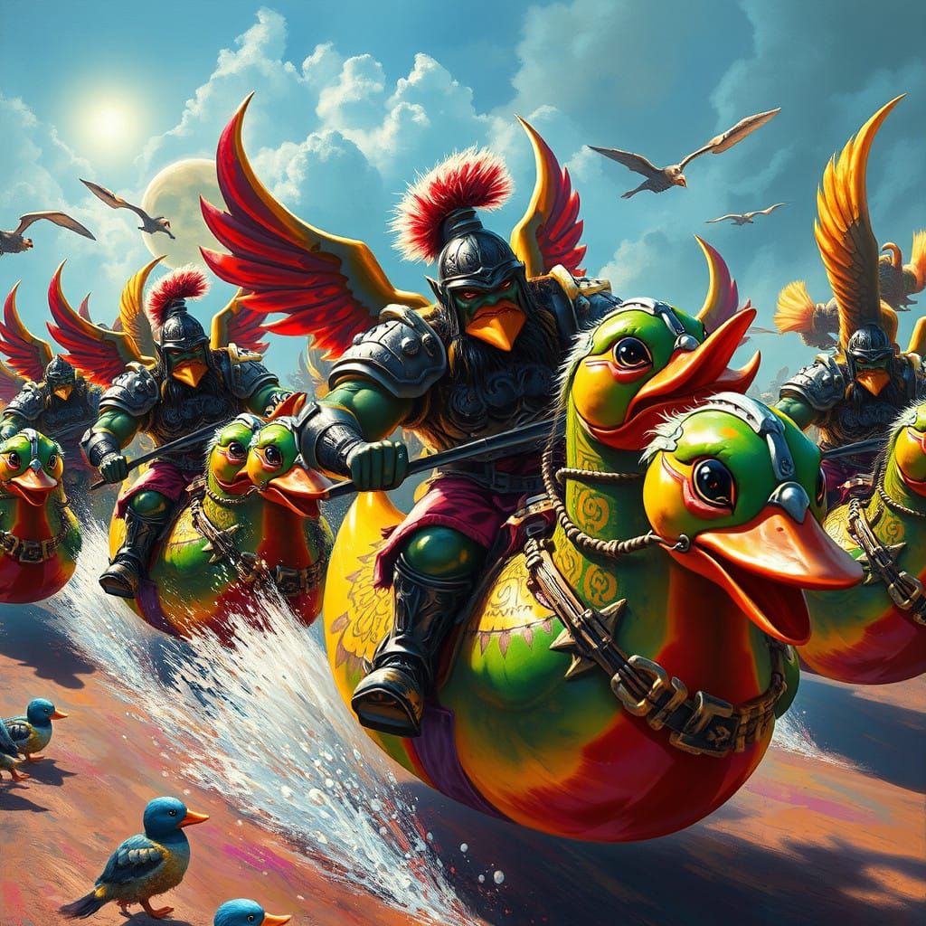 Glowing Orcs Joust on Colorful Rubber Duckies in a Sunlit Me...