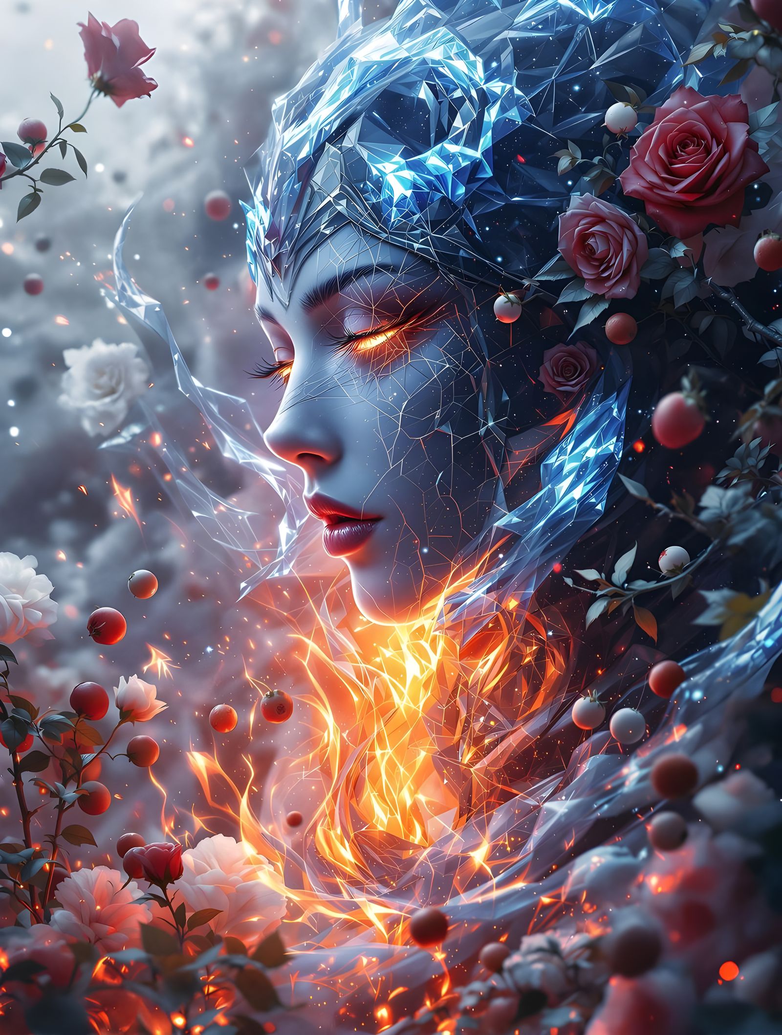 Fiery Anime Silhouette with Roses in 3D