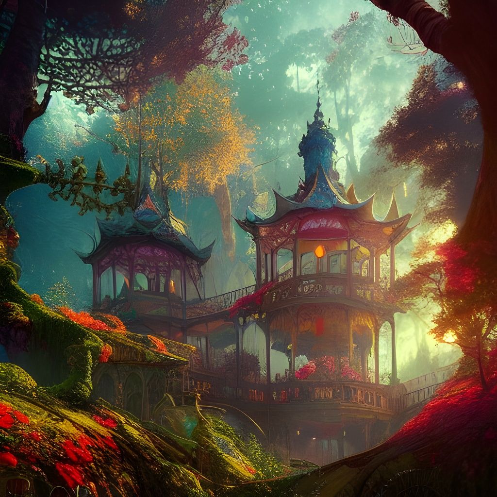 Magical Fairy Town in Enchanted Forest: Detailed Digital Art