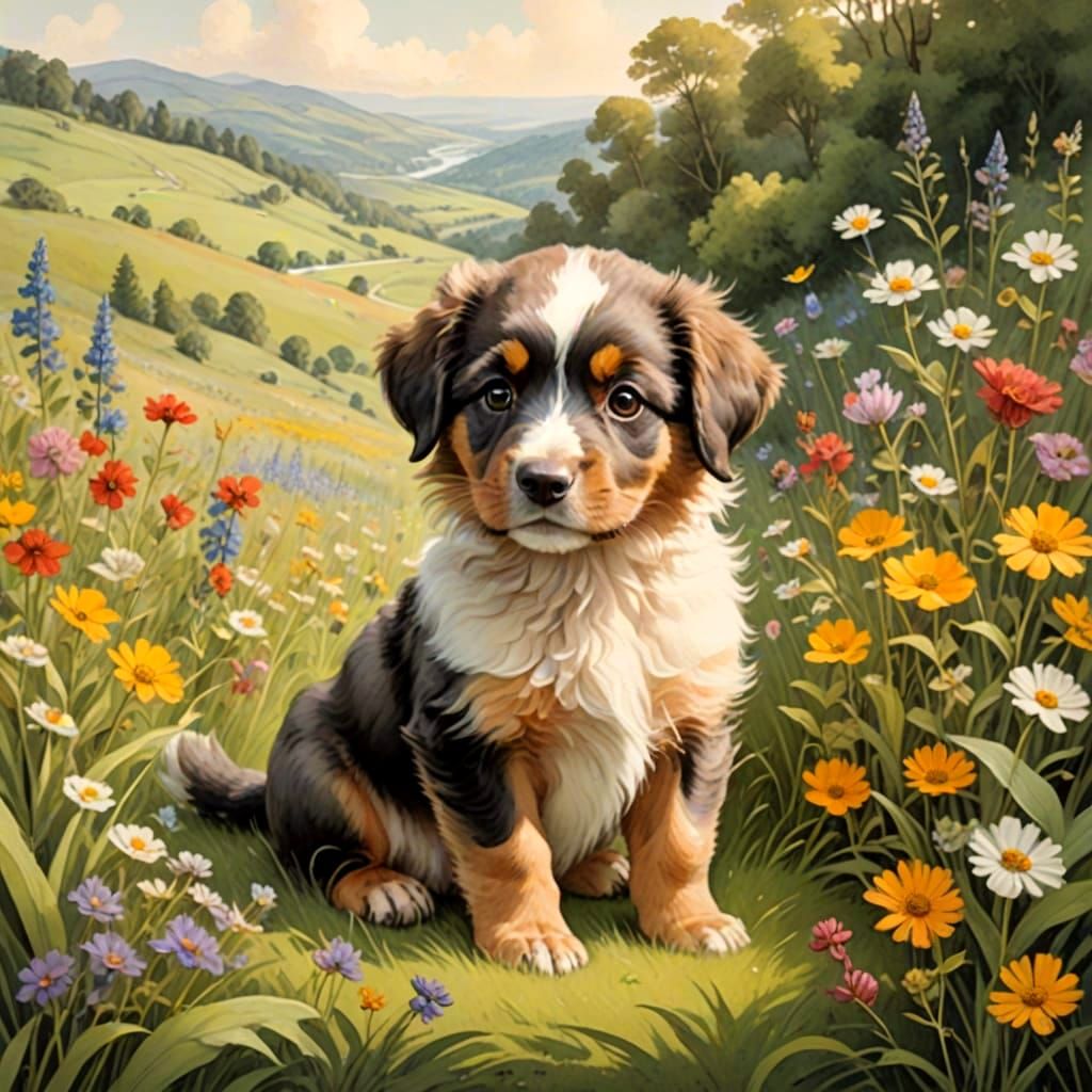 Whimsical Puppy in a Sunny Meadow