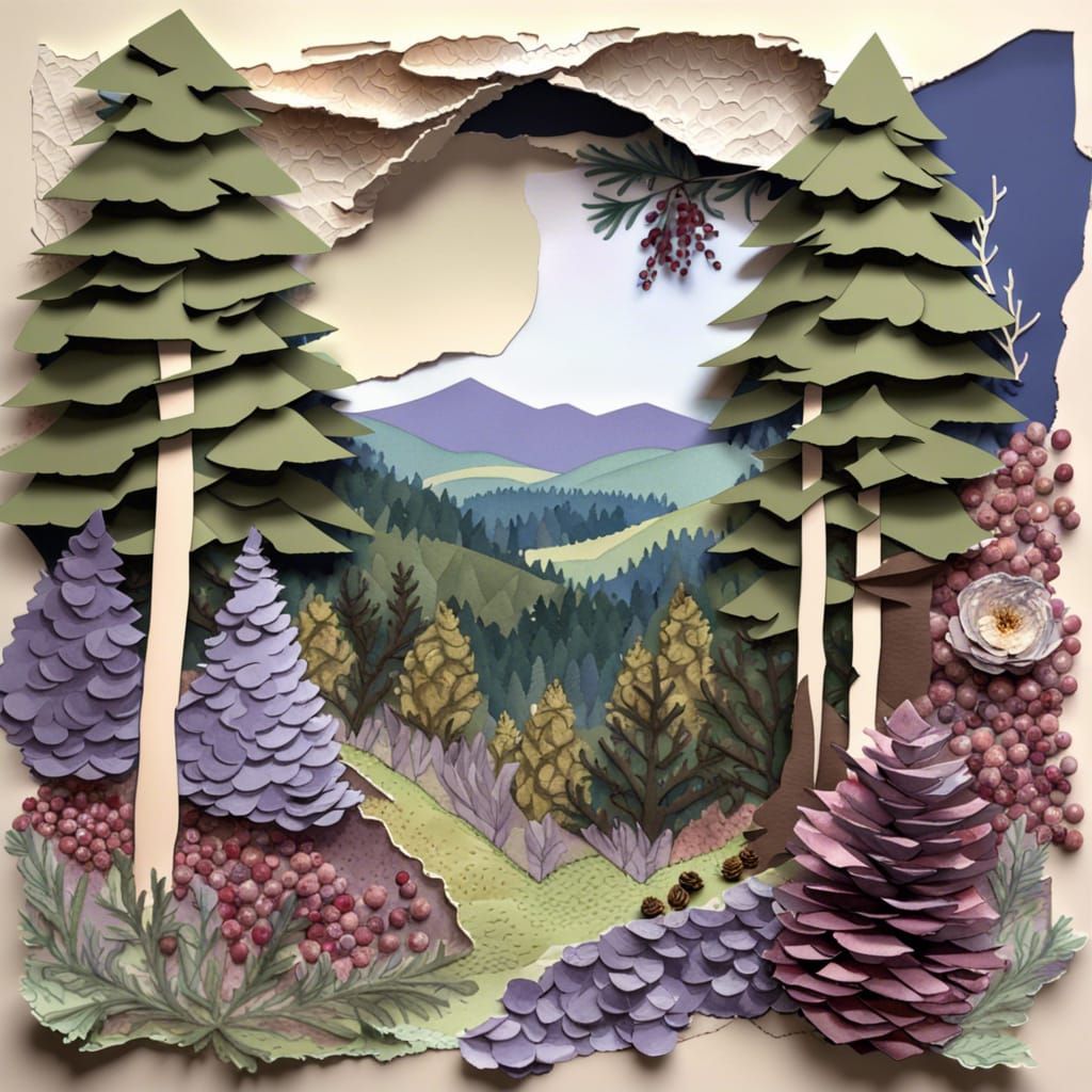 3D Forest Paper Collage with Mountains