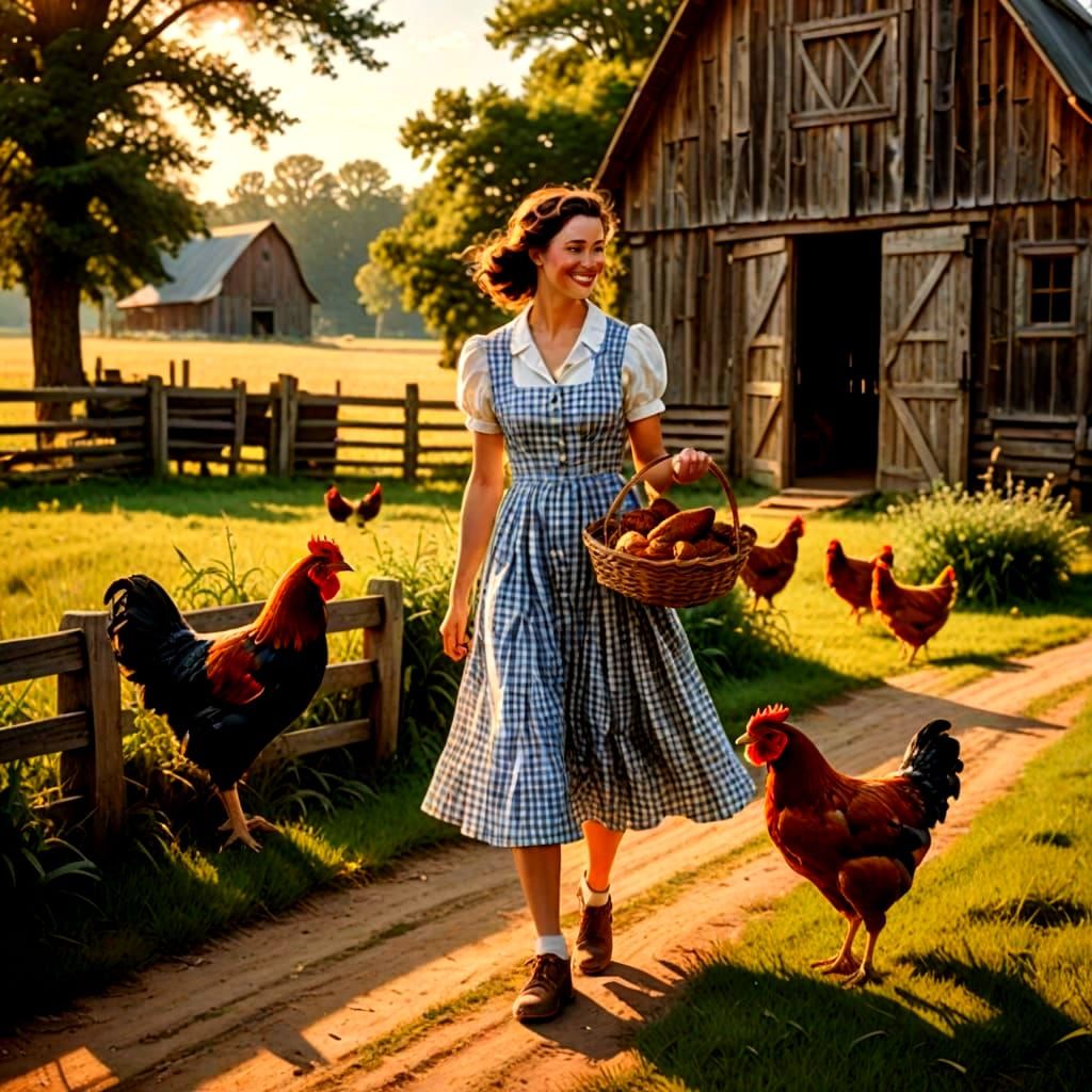 Farm Girl in Gingham Dress Holds Chicken by Old Barn