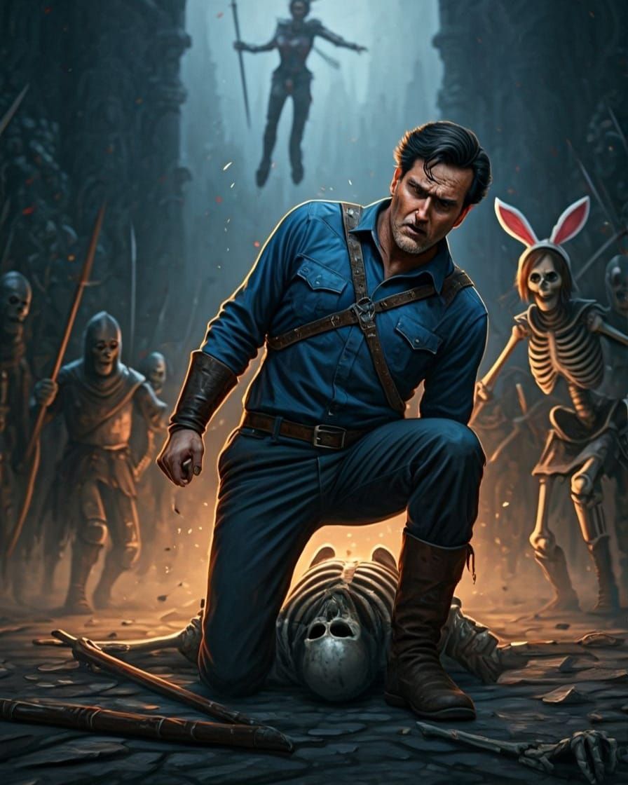 Ash Williams Breaks Skeleton in Epic Medieval Battle