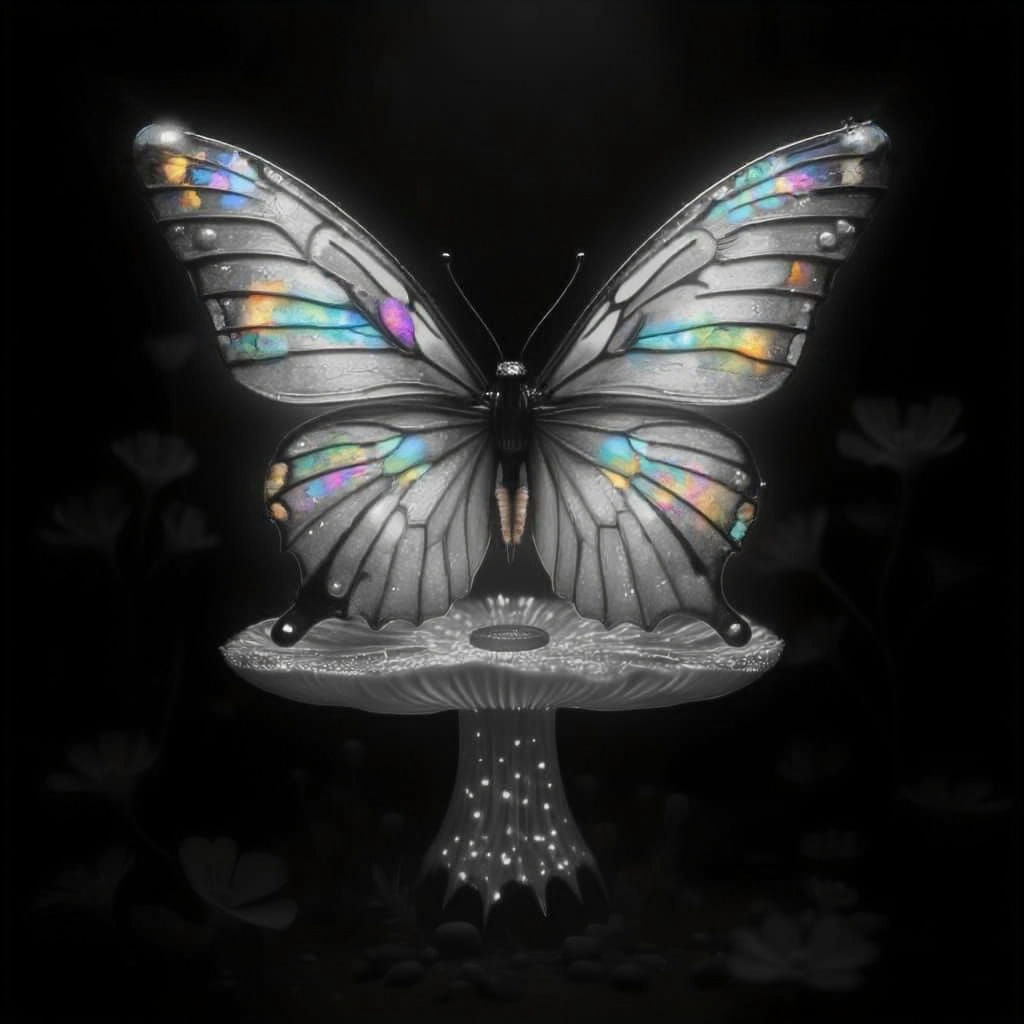 Iridescent Butterfly on Crystal Mushroom in Alien Jungle