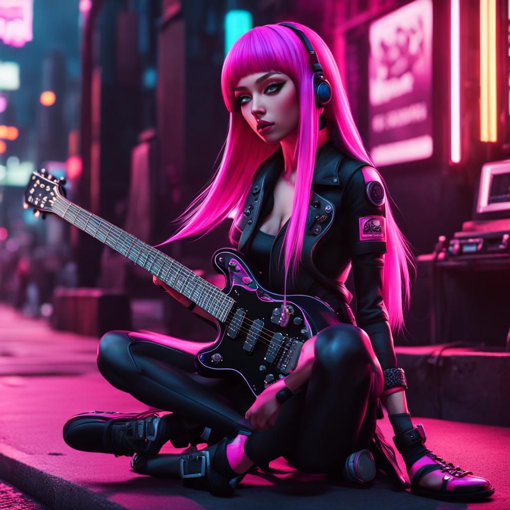 Cyberpunk Chibi Guitarist with Neon Guitar
