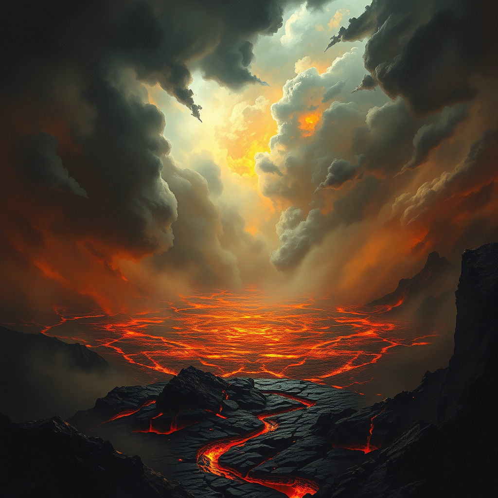 Flaming Lava Lake Under Stormy Heavens