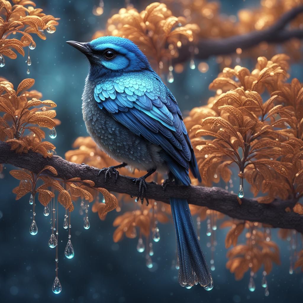 Bird on Branch with Dewdrops in Photorealistic Style