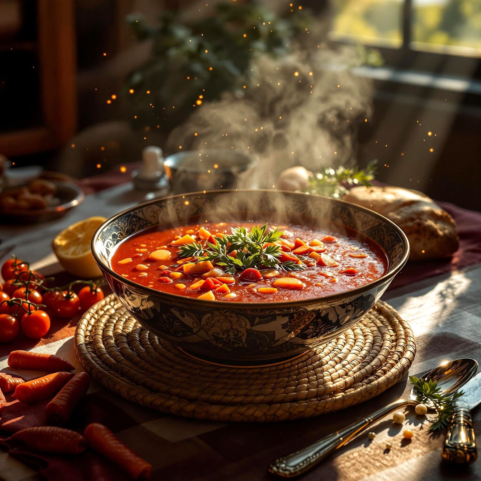 Hyperrealistic Ukrainian Borscht in Crepuscular Light
