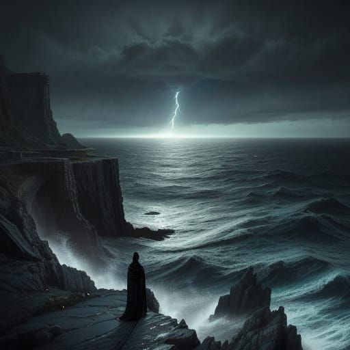 Assassin on Precipice: Moonlight Meets Stormy Sea