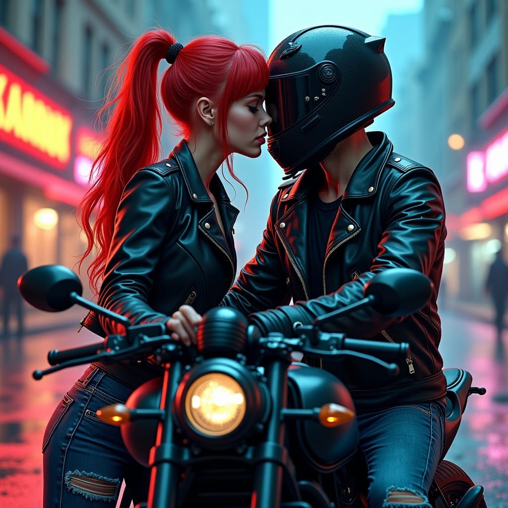 Biker Kiss in Gritty Neon-Lit Futurism