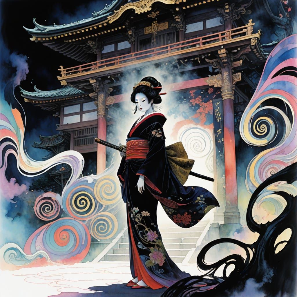 Mysterious Geisha Samurai in Psychedelic Japanese Garden