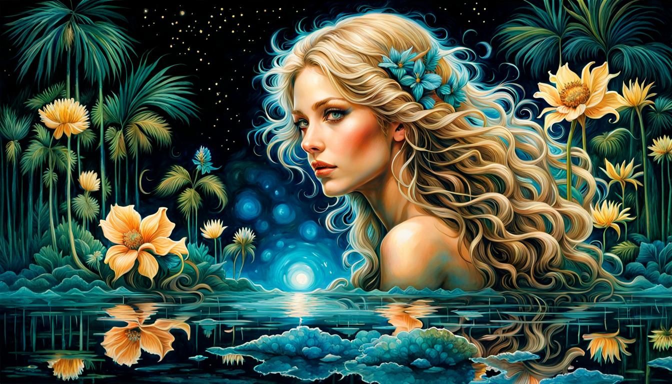 Bioluminescent Mermaid and Mirrored Reflection in Fantasy Ar...