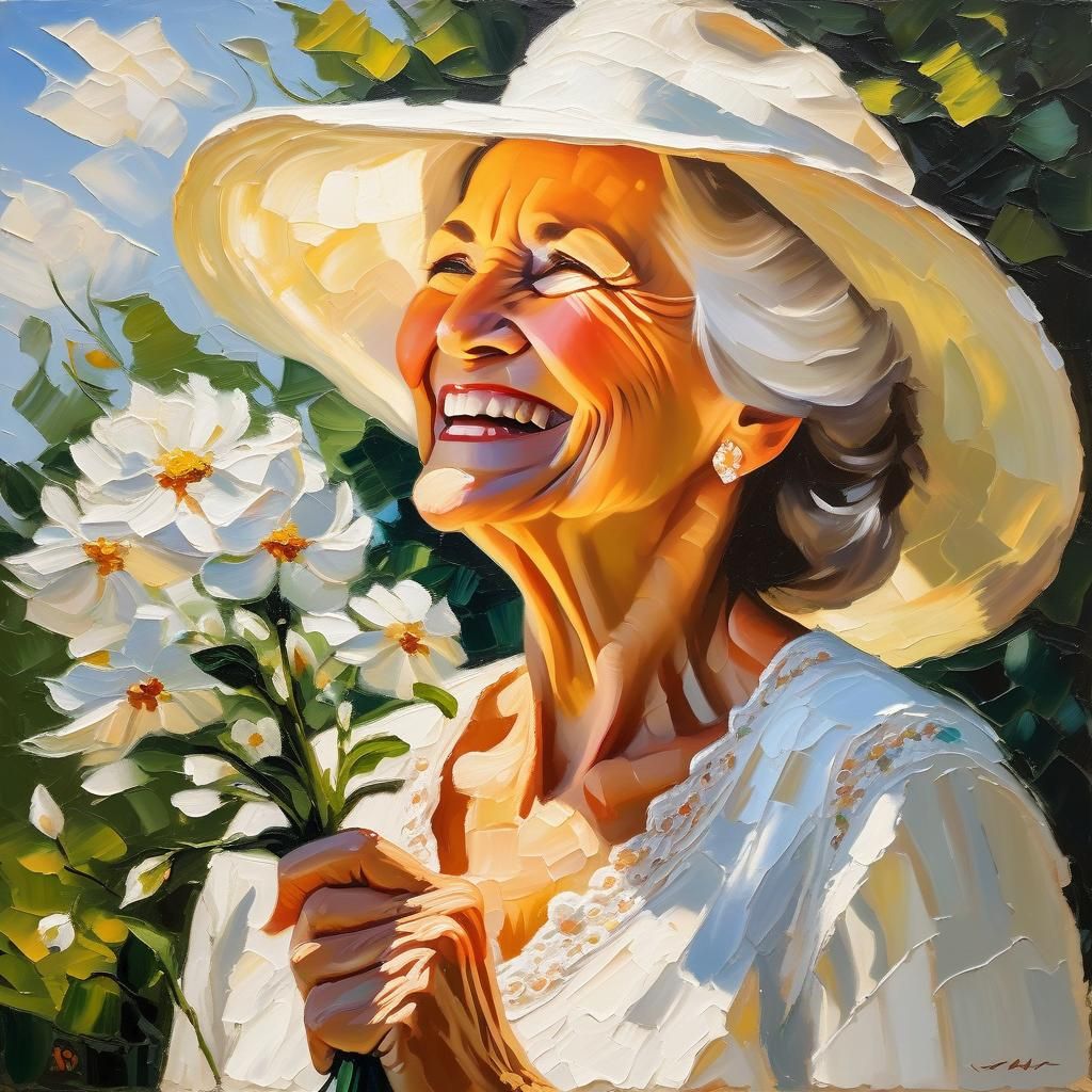 Joyful Woman with Flower: Impasto Oil Painting