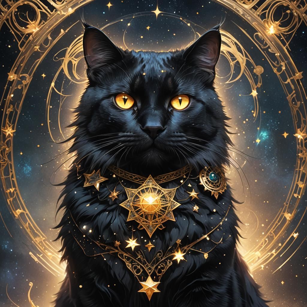 Black Cat with Starry Fur, Hyperdetailed Portrait