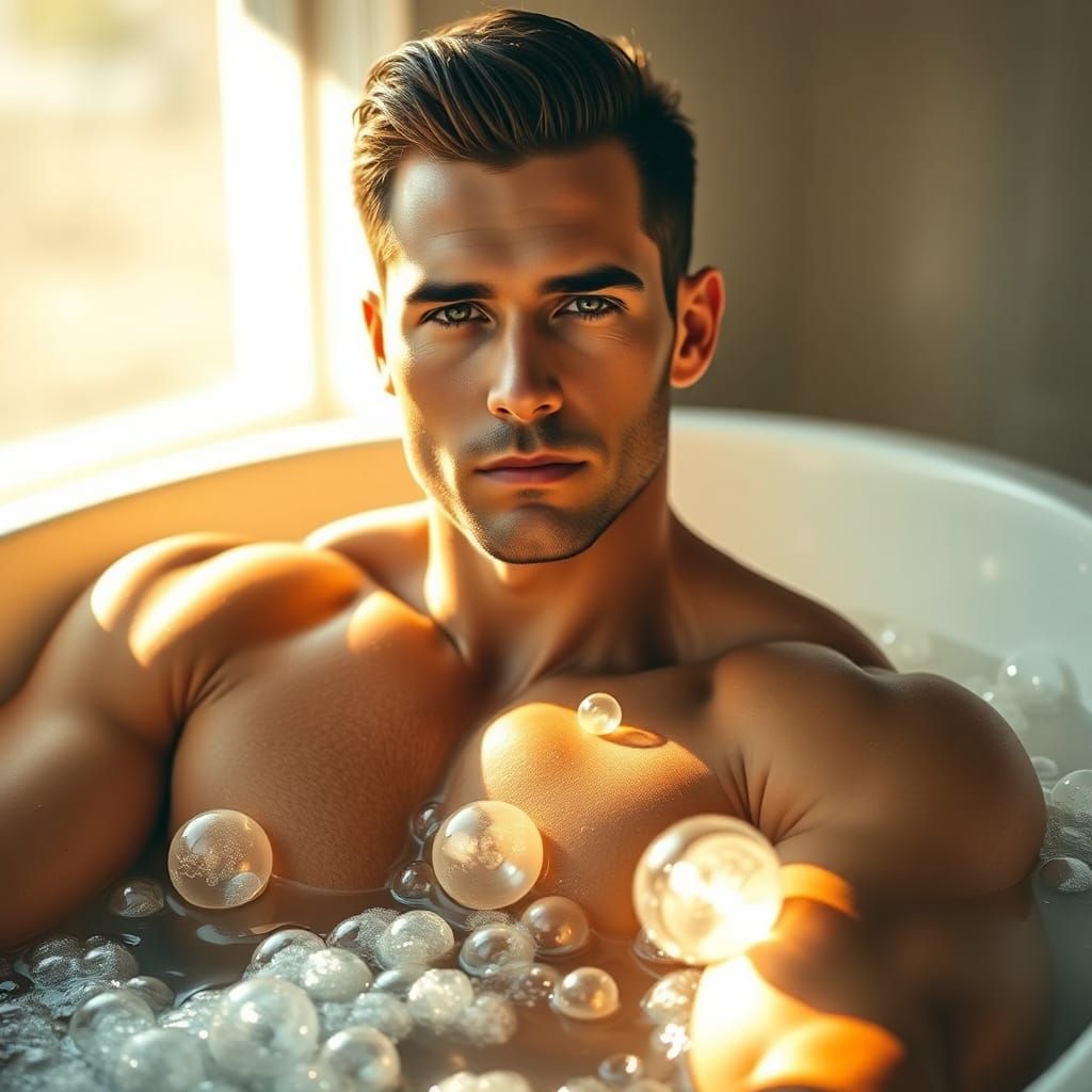 Muscular Man in Bathtub with Bubbles, Photorealistic Image