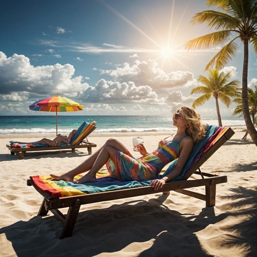 Stunning Beach Goddess in Vibrant Rainbow Dress