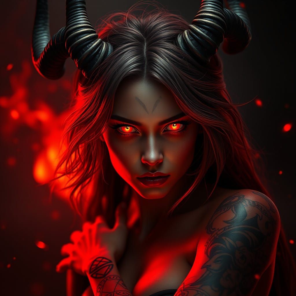 Ethereal Horned Figure with Fiery Aura in Mystical Landscape