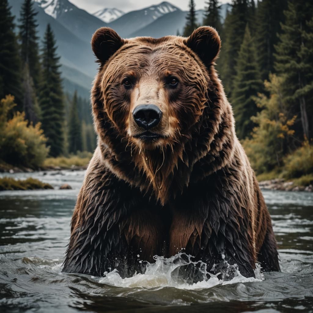 Grizzly Bear Portrait in River Near Forest