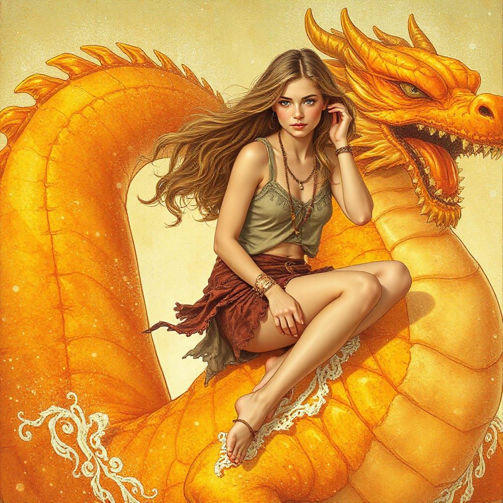 Woman on Gummy Dragon in Effervescent Soda Sea