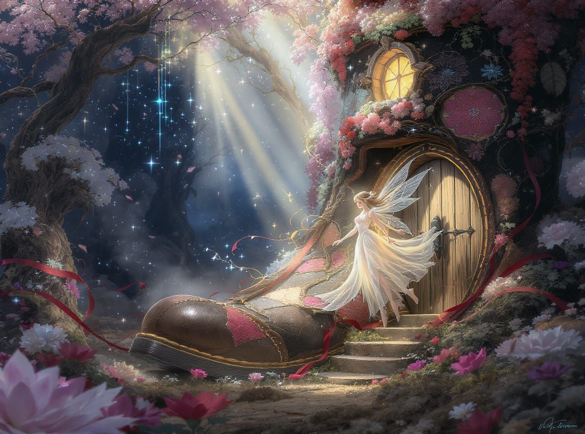 Fairy Opens Boot House Door in Dappled Sunlight