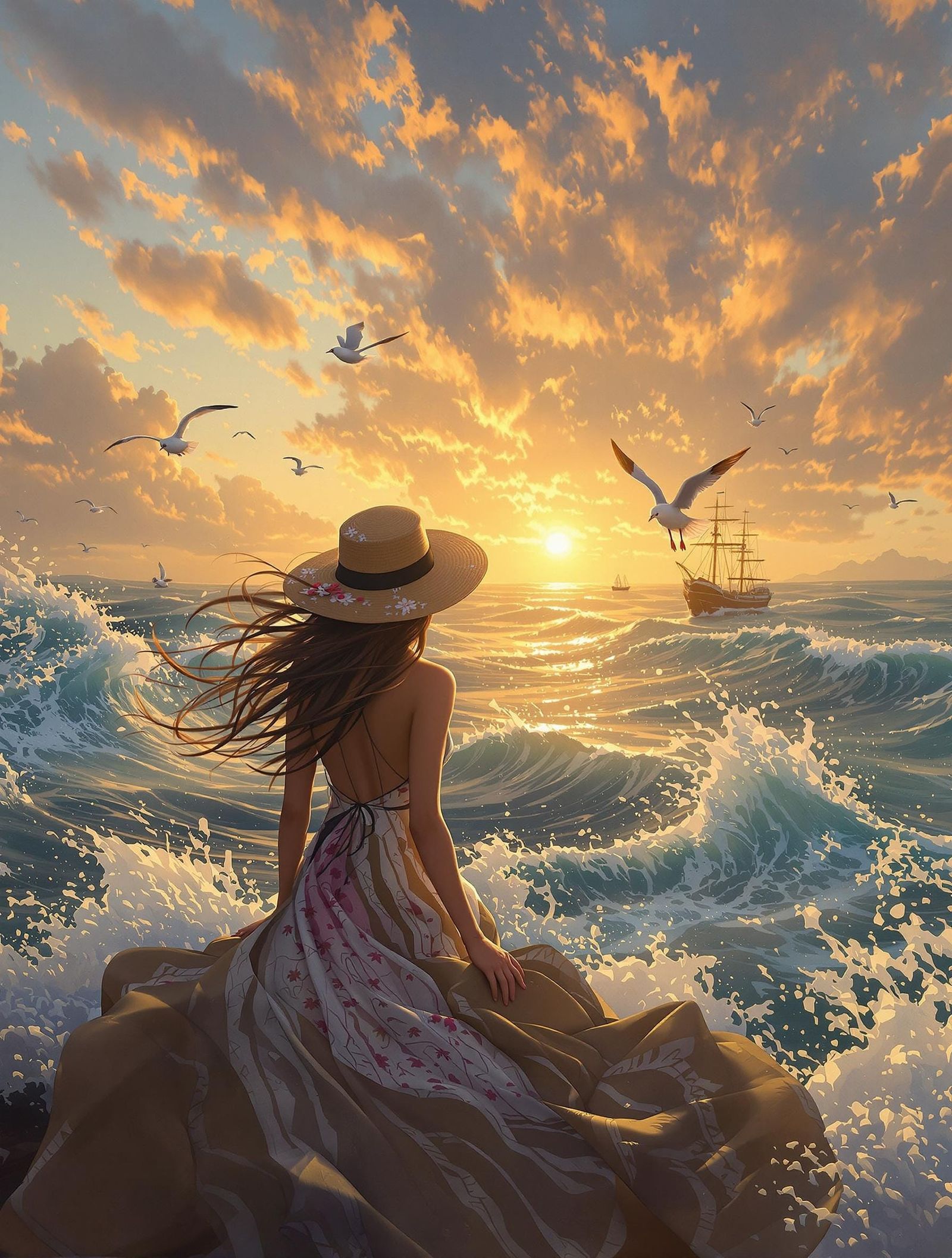 Woman Observes Stormy Sea at Golden Hour