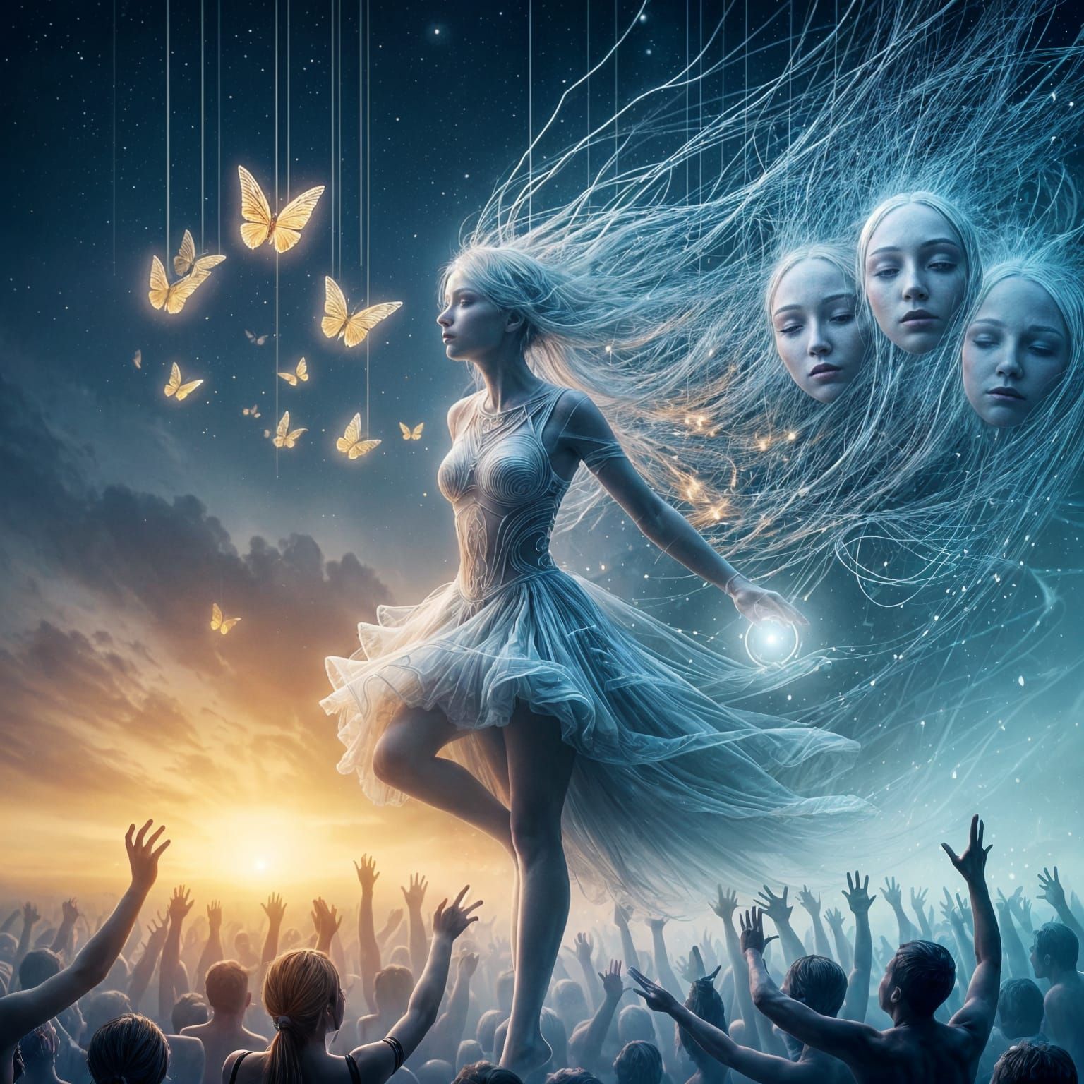 Android Goddess in Dark Robes near Blue Lake