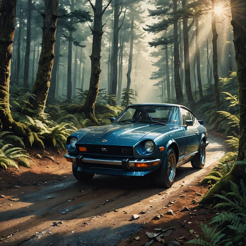 Datsun 280z on Forest Path in Watercolor Style
