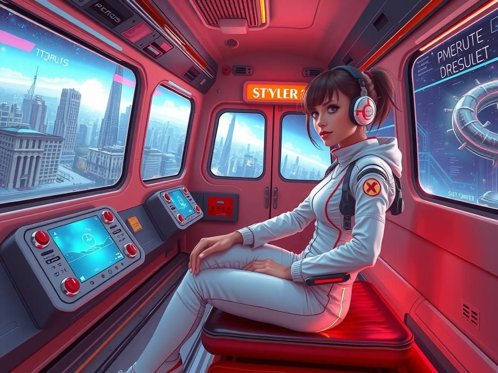 Girl's Space Tram Ride in Retro-Futuristic Style