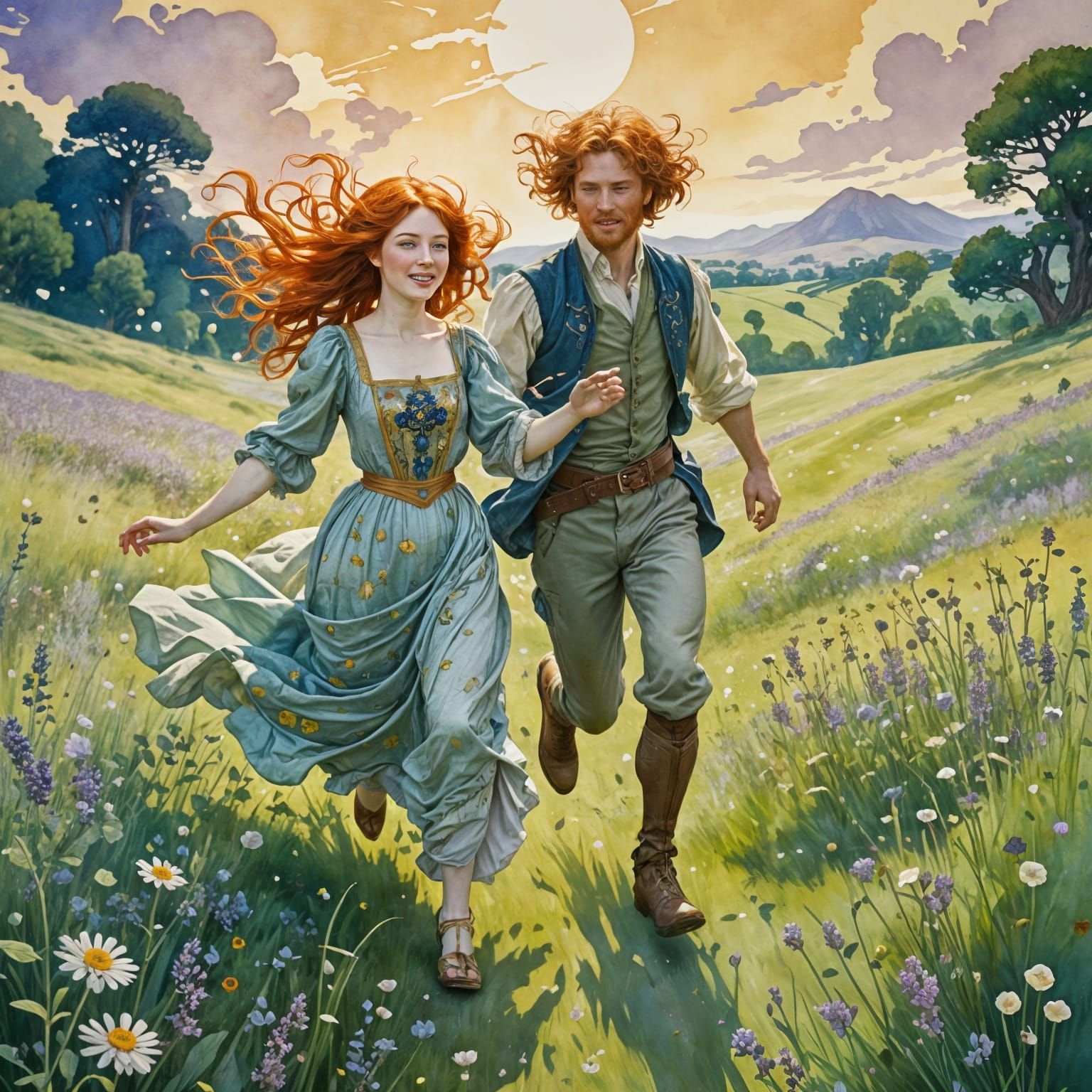 Redhead Royal Couple in Sunlit Meadow, Watercolor Style