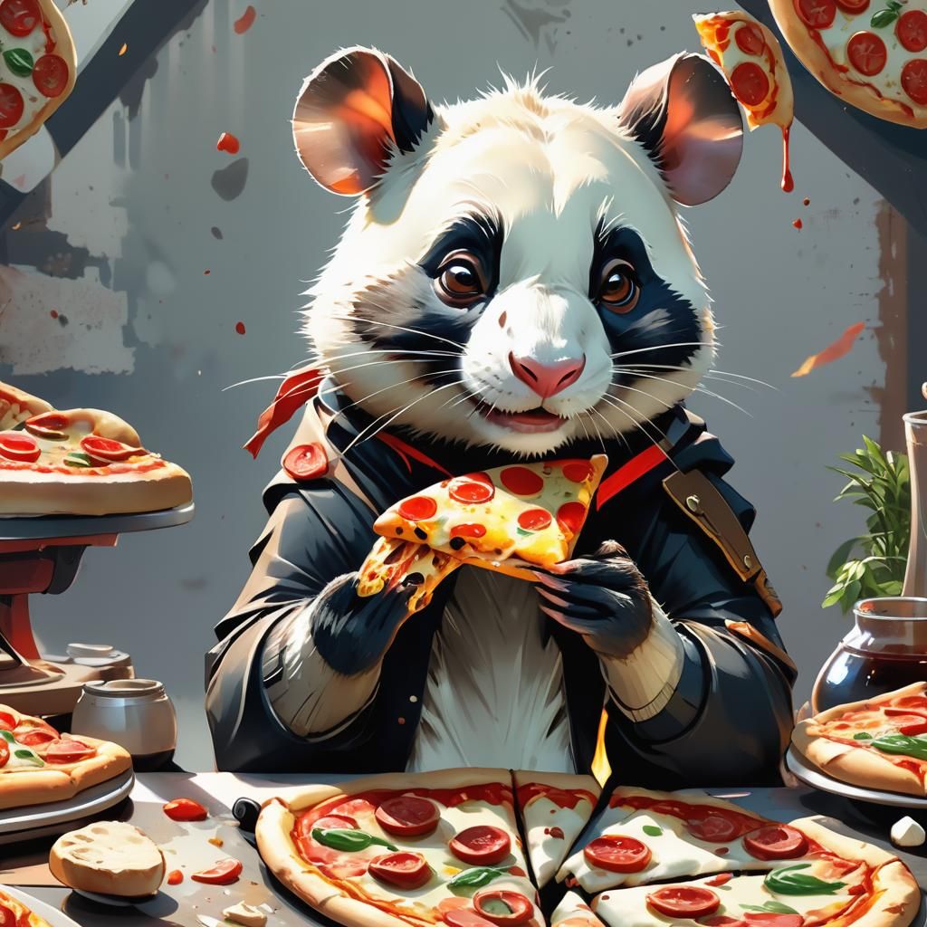 Cute Rat-Panda Hybrid Eating Pizza in Anime Style