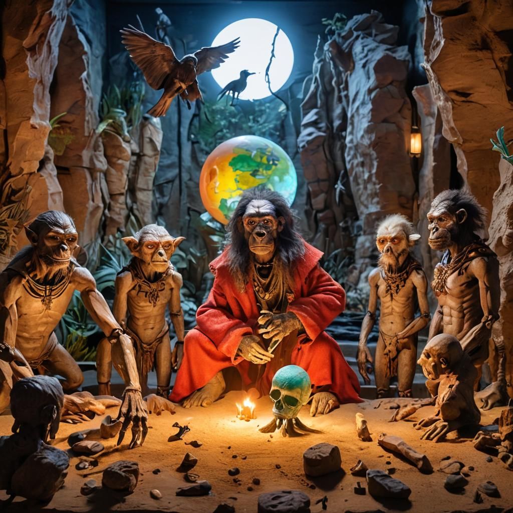 Extinct Humanoids Display: Museum Diorama of Diverse Species