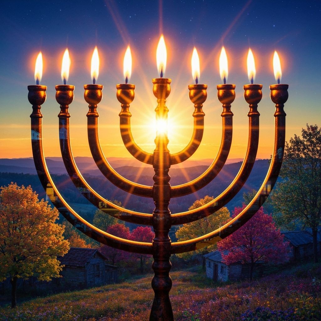 Menorah with Twilight Sun and Village Scene
