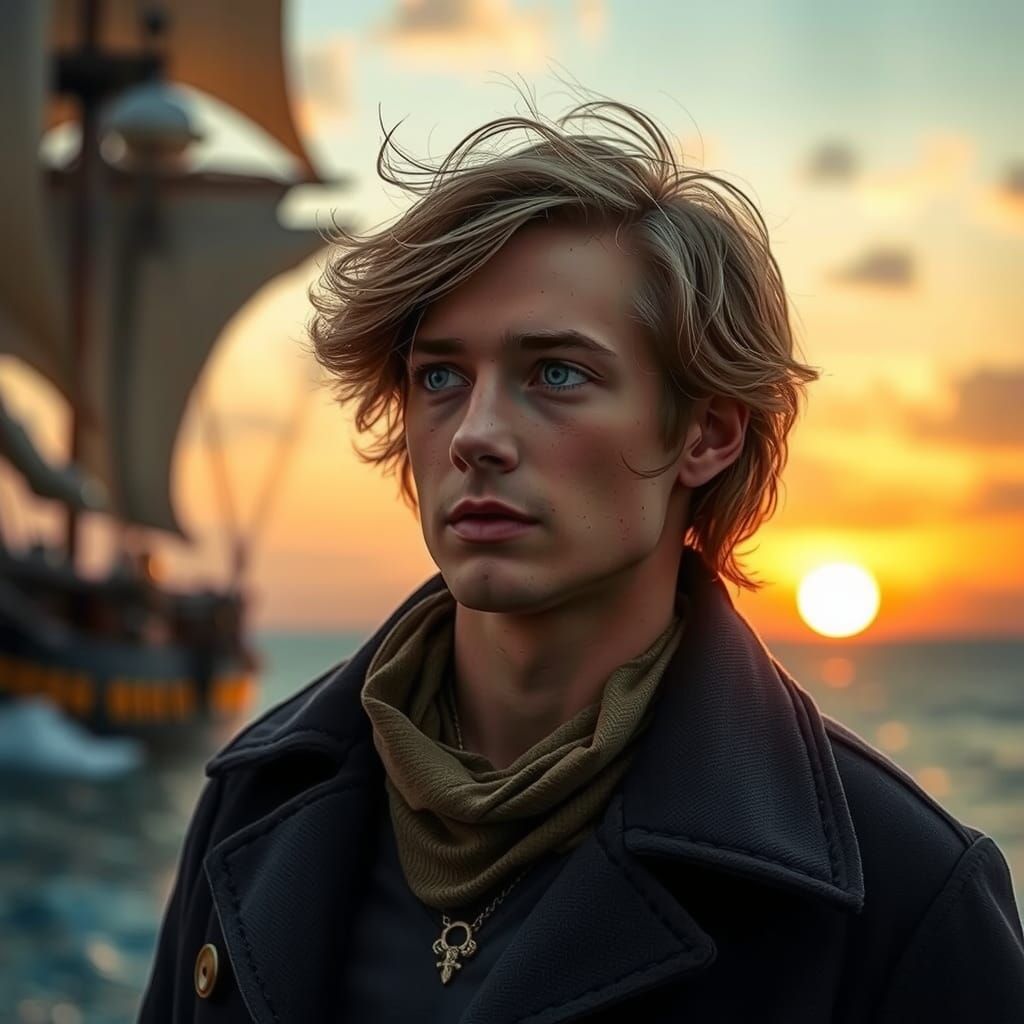 Handsome Young Man on Pirate Ship at Sunset