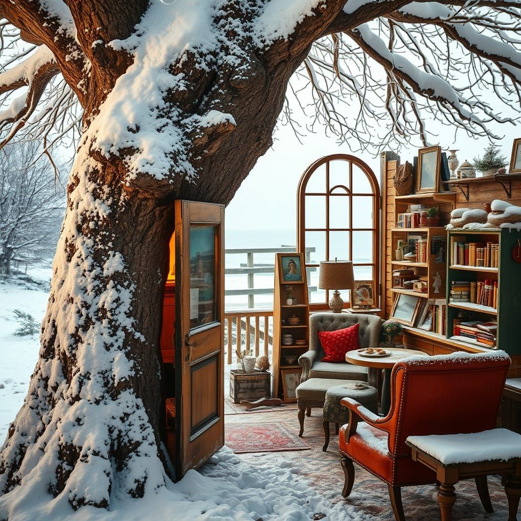 Majestic Treehouse Coffee Shop Unfolds in Winter Wonderland