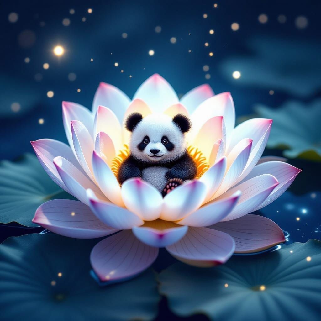 Surreal Lotus Blooms in Space with Serene Panda