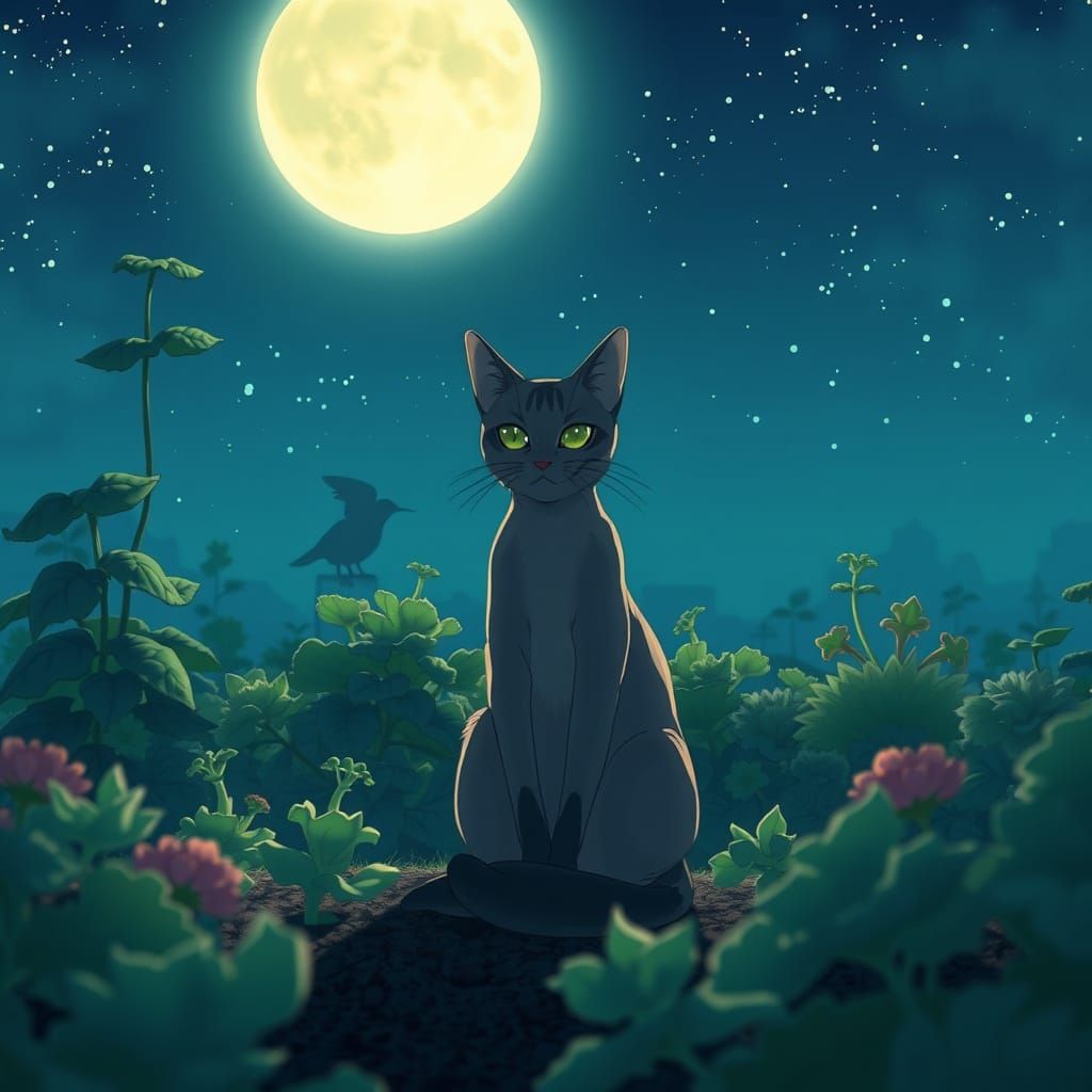 Sleek Cat in a Moonlit Vegetable Garden, Studio Ghibli-Inspi...