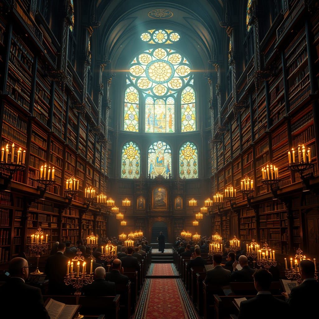 Majestic Orthodox Synagogue Interior with Devout Scholars