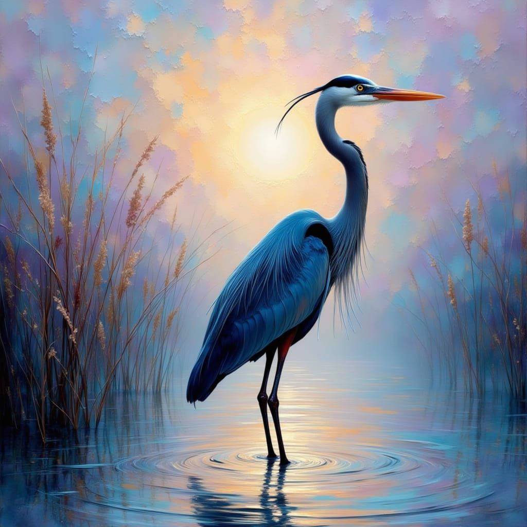 Great Blue Heron at Dawn, Impasto Oil Painting