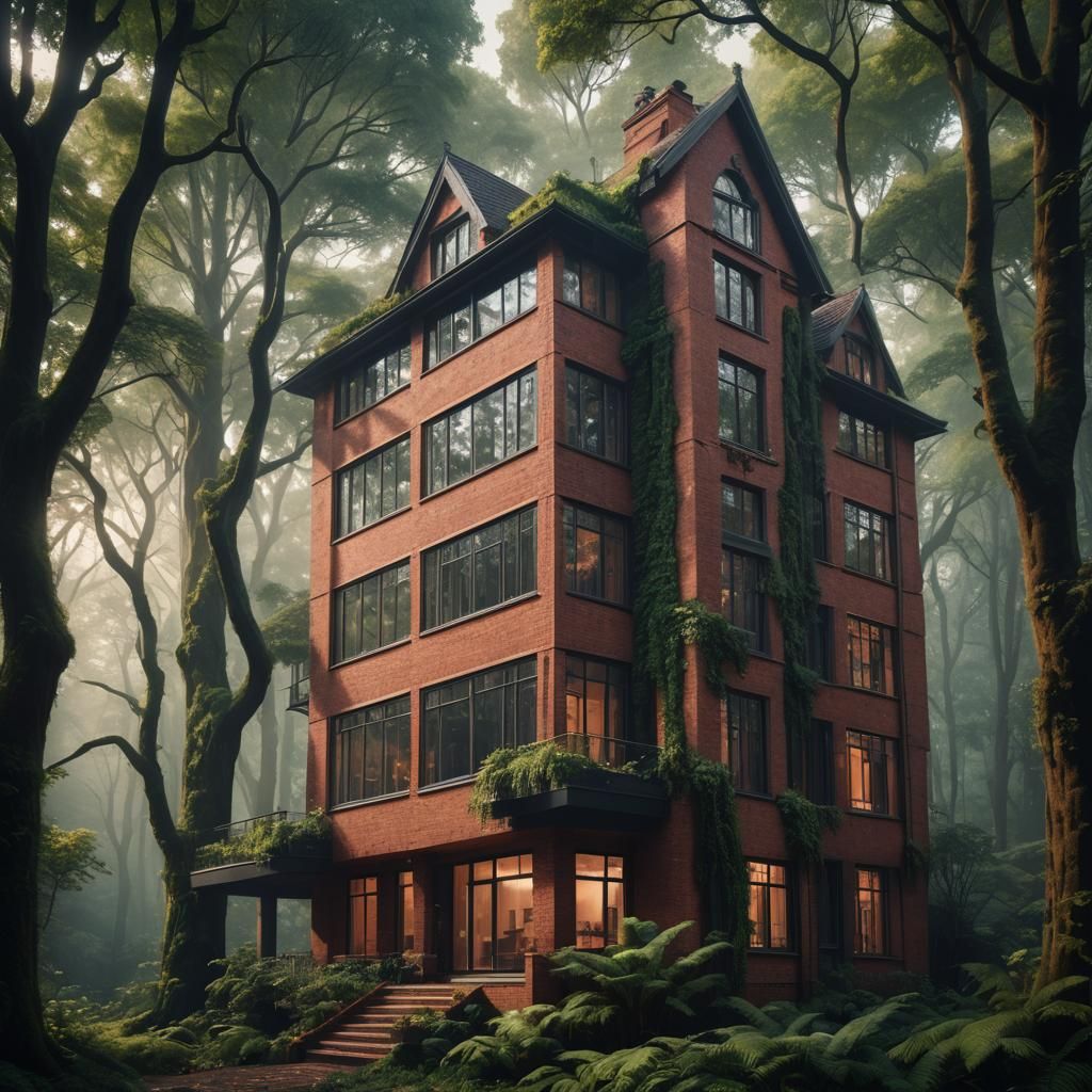 Modern Red Brick House Reflecting Forest: Digital Matte Pain...