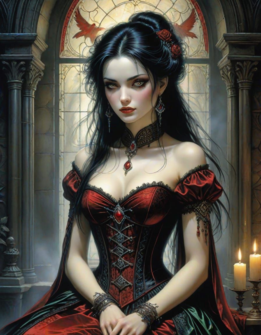 Ethereal Gothic Beauty in Crimson Satin