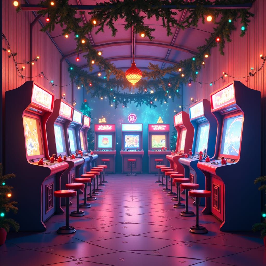 Christmas Arcade Party Invitation in Neon-Lit 80s Style