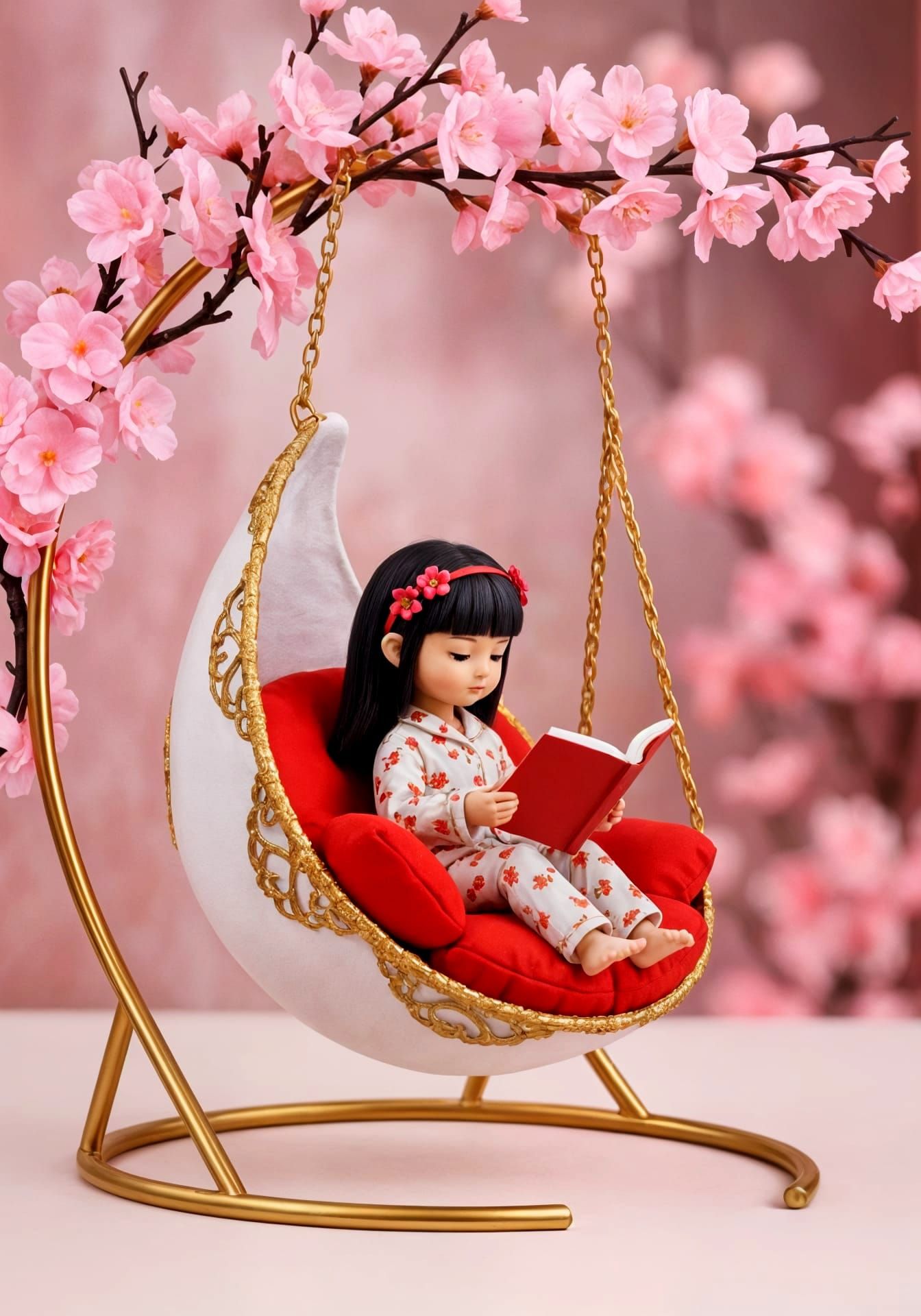 Girl Reading on Felt Crescent Swing with Cherry Blossoms