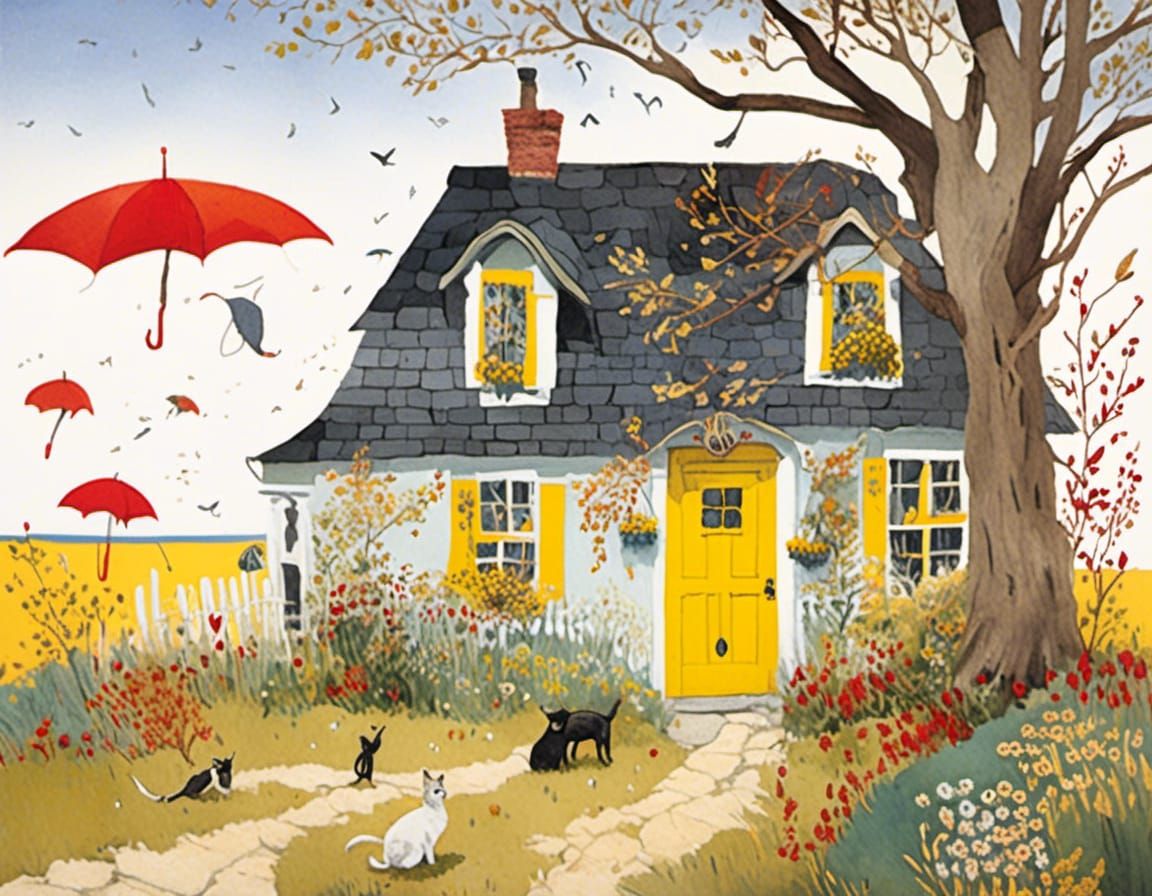 Whimsical Cottage Scene on Autumn Beach