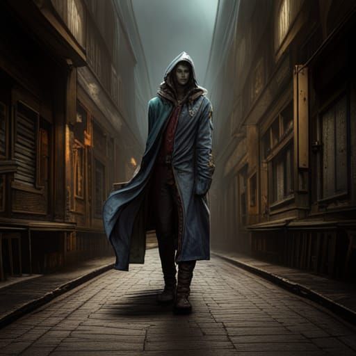 Eerie Hooded Figure in Dark Alleyway: Detailed Matte Paintin...