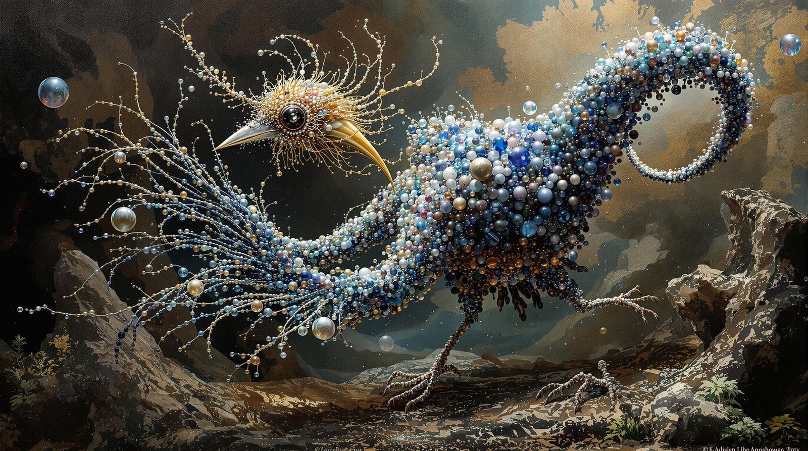 Surreal Beaded Bird: Mixed Media Concept Art